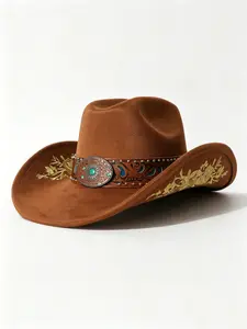 Western Cowboy Hat for Women, Embroidered Felt Brim, Turquoise Metal Badge, Men's Leather Trim, Vintage Wide-Brimmed Hat, Festival Party Accessory
