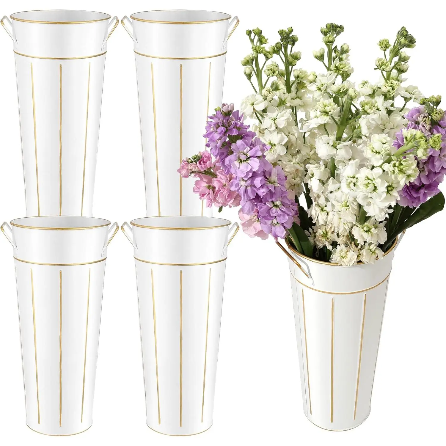 4-Piece 12-Inch Galvanized Metal Flower Buckets with Handles, Rustic Bloom Bar Supplies, Wedding Centerpiece, Any Season Home/Balcony Decor for Flower Display
