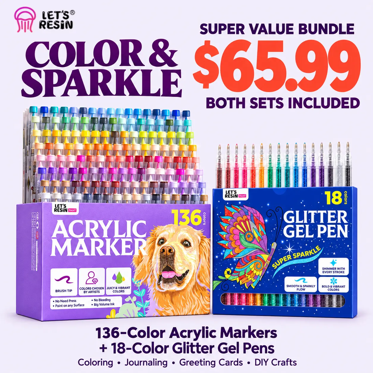 Acrylic Paint Markers, 136 Colors with 18-Color Retractable Glitter Gel Pens, 154-Piece Art Bundle, 1-8mm Brush Tips for Painting, Coloring Books, Journaling and DIY Crafts - LET'S RESIN