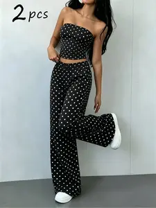 Sweet Spicy Y2K Polka Dot Crop Top Set, High Stretch Milk Silk Fabric, Breathable & Comfortable, Adjustable Drawstring Pants, Multi-Color Options