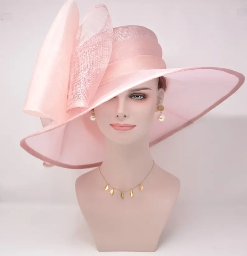 Dusty Blush Pink Organza and Sinamay Hat with Adjustable Interior Tie Band, 4-1/4 Inch Wide Brim, Ideal for Kentucky Derby, Church, Wedding, Tea Party & Easter