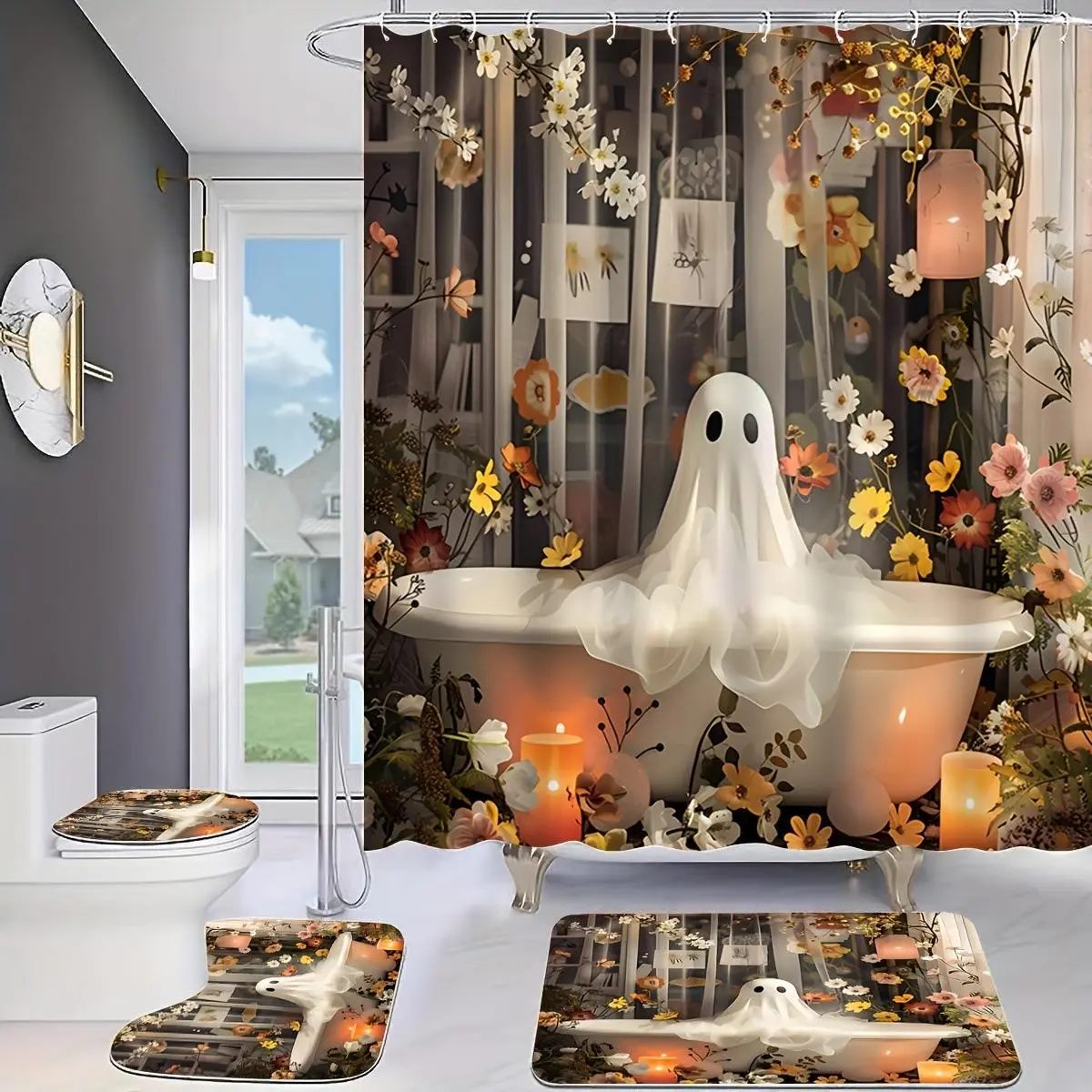 Premium European-style digital-print polyester waterproof shower curtain/partition curtain for bathrooms