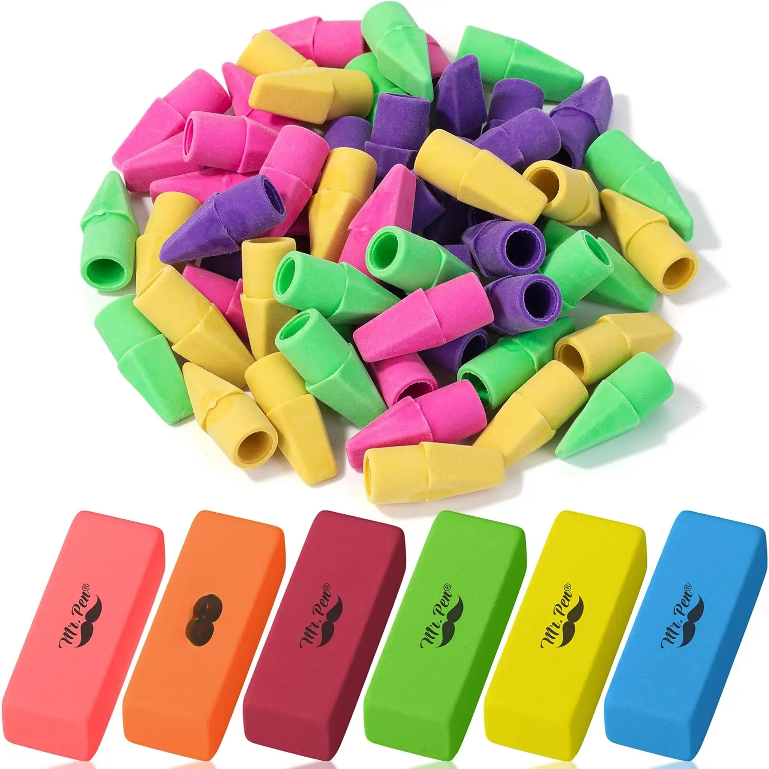 6 Block Neon Colored Cil Erasers Set, 66 Count, Latex-Free, No Smudge, Safe for Ages, Ideal for Students and Offices
