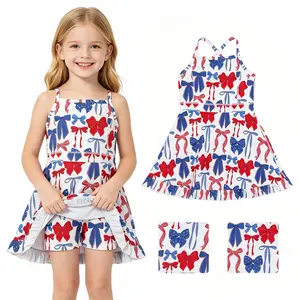 FS Kids Girl Summer Sports Dress 4th of July Bows Patriotic Clothing Summer Dress Quick Dry Clothes