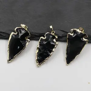 Black Obsidian Arrowhead Pendant Necklace, Natural Crystal with Gold Plated Edge, Unisex Healing Stone Choker
