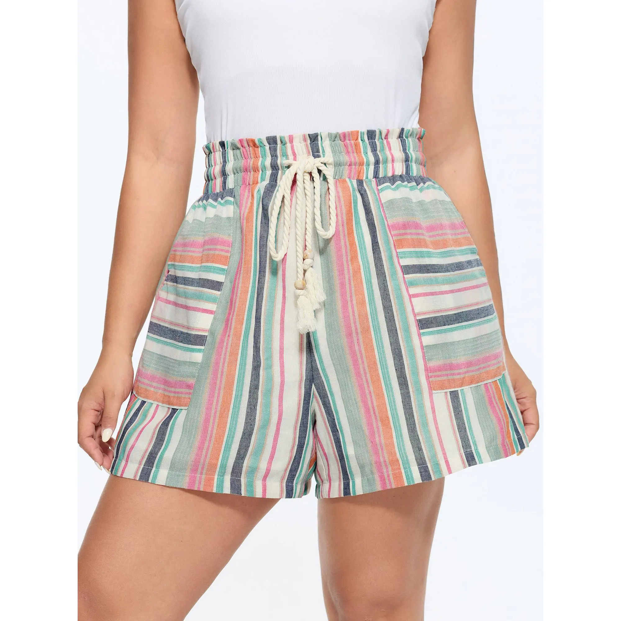 BloomChic Women's Plus Size Boho Striped Pleated Shorts, Mid Rise Cotton Blend Casual Summer Bottoms with a Ruffled Hem and Lace-Up Tassels, Boho Casual Comfy, Multicolor, Cold Wash, 22-24/3X, Fit, 26/4X, Do Not Dry Clean