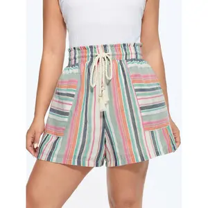 BLOOMCHIC Women's Plus Size Short Polyester Striped Print Pants [M-6X] - Shirred Waist, Ruffles, Smooth Garment, 2026 Summer Swimweek Vibes, Spotlight Deals