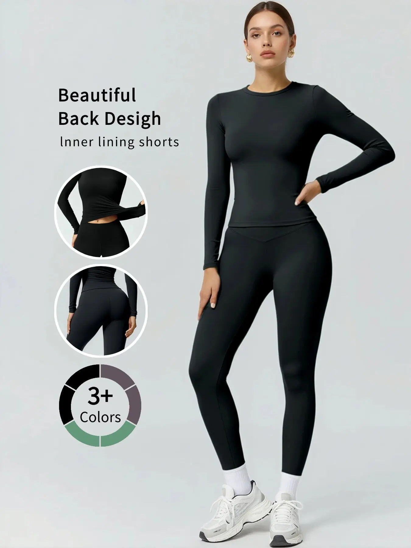 Women's 2 Piece Brushed Nylon Spandex Workout Set, Crew Neck Long Sleeve Slim Top & High Waist Tummy Control Leggings, Athletic Yoga Matching Outfit