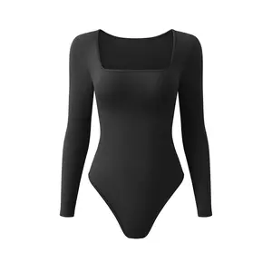 TOB Women's Bodysuits Sexy Ribbed One Piece Square Neck Long Sleeve Bodysuits