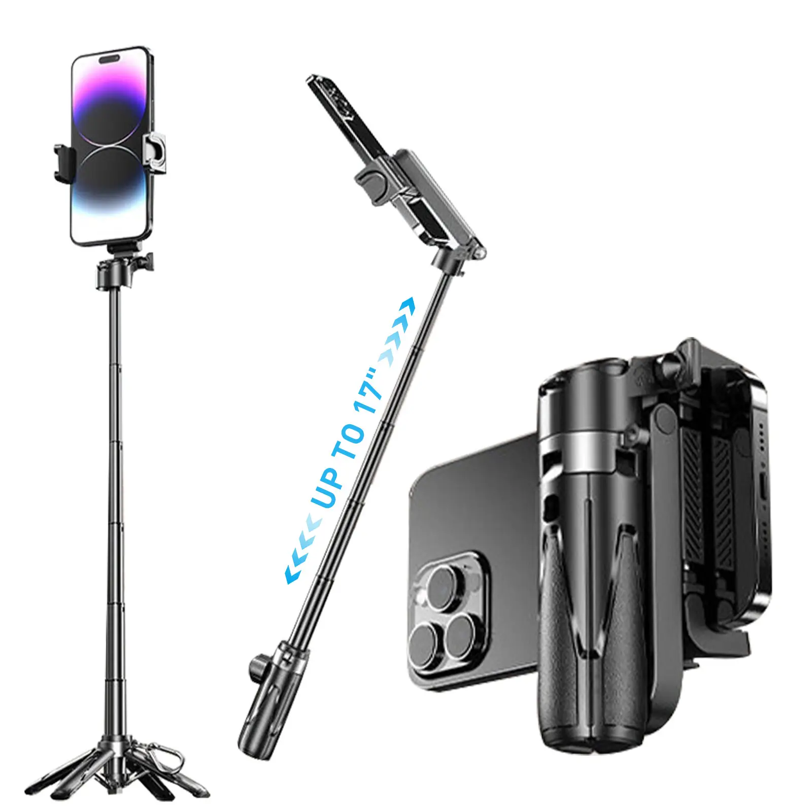Ultimate Mobile Photography Solution 3-in-1 Extendable Selfie Stick with Remote Mini Desktop Tripod & Vlogging Handle Up to 16” Portable Pocket-Sized