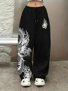 Women's High Waisted Dragon Print Baggy Sweatpants, 2026 Y2K Streetwear Wide Leg Casual Pants, Elastic Waist Adjustable Joggers for Streetwear & Daily Wear, Fashion
