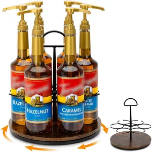 Rotating Coffee Syrup Organizer Hold 6 Bottles Wood Coffee Syrup Rack for Countertop Large Bottle Holder Stand for Bar Station Turntable Wine Display Tray Black 6 Bottles