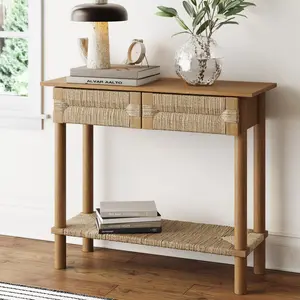 Boho Seagrass & Wood Console Table
