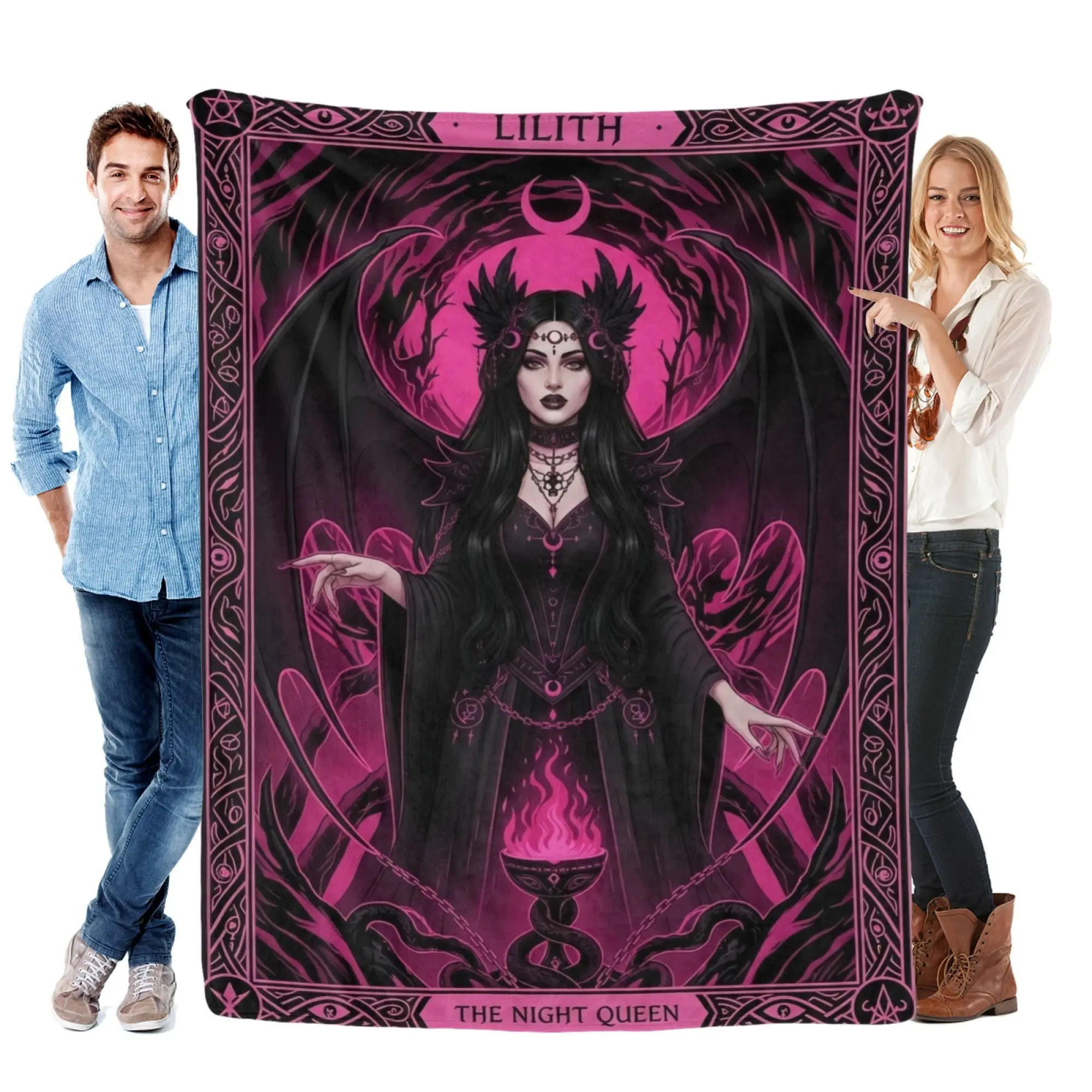 Lilith The Night Queen Gothic Flannel Throw Blanket, Dark Fantasy Witchy Goddess Print, Soft Cozy Warm Fleece Blanket for Couch Bed, Alternative Room Decor Gift for Gothic Lovers
