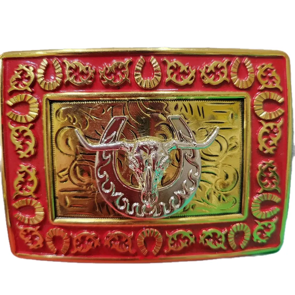 Longhorn Horseshoe Belt Buckle Cowboy  Design with Central concho rodeo Style, red and gold Decorative Elements