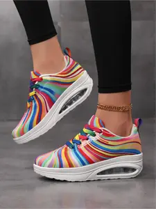 Women's Rainbow Stripe Air Cushion Platform Swing Sneakers, Breathable Shock-Absorbing Running Shoes, Sports Shoes
