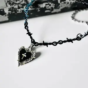 Handmade Gothic Heart Choker Necklace with Black Barbed Wire Chain & Silver Cross Pendant Unique Emo Punk Jewelry Gift
