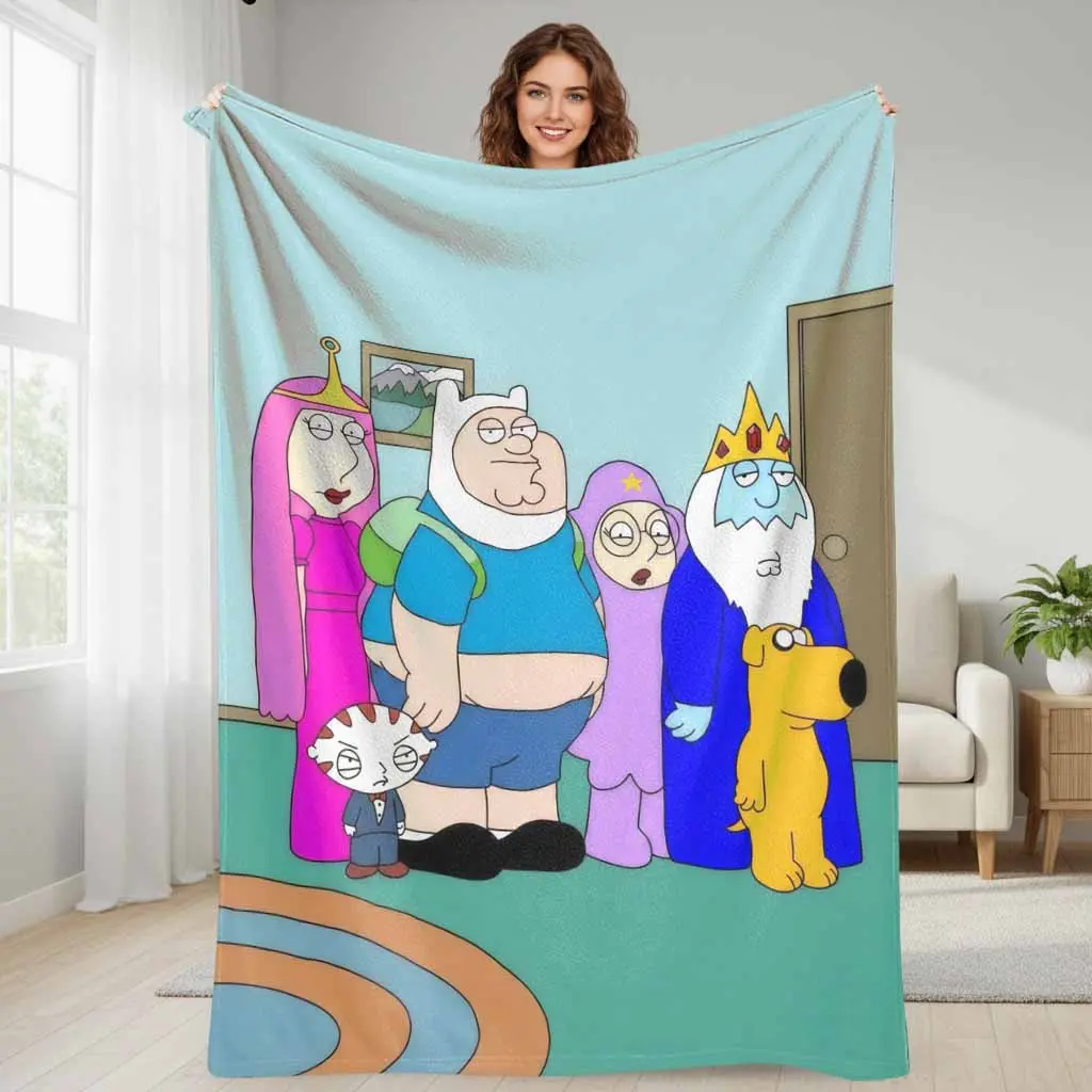 Adventure Time x Family Guy Cartoons Crossover Characters Flannel Blanket - Multi-Size, Wrinkle Resistant, Colorful, Soft, Warm, Lightweight, Color Stays Vivid Longer, Fits Most Beds & Sofas, Bedding Throw for Bedroom, Travel, Home Use, Gift Option, Fits
