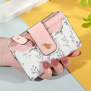 Women Casual Leaf Print Hardware Decor Small Bifold Wallet Daily Commute Outdoor Portable Minimalist Card Holder Coin Purse