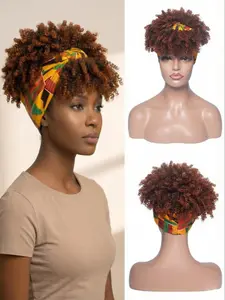 Headband Wigs For Women, Synthetic Hair Short Afro Kinky Curly Wigs Dark Brown Wig With Bangs Wrap Wigs 2 In 1 Turban Wig Drawstring High Puff Wigs Headwrap Wigs With Headband Attached Updo Music Festival