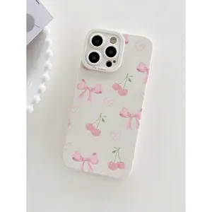 1pc Girly Pink Cherry Bow Pattern Printed Thickened Anti-Fall Protective Phone Case, Compatible With IPhone 16/17, Compatible With Samsung Galaxy S25/S25PLUS/S25 Ultra/A16/A36/A26/A56/A50/A12/A32 Waterproof Shockproof Scratch Resistant
