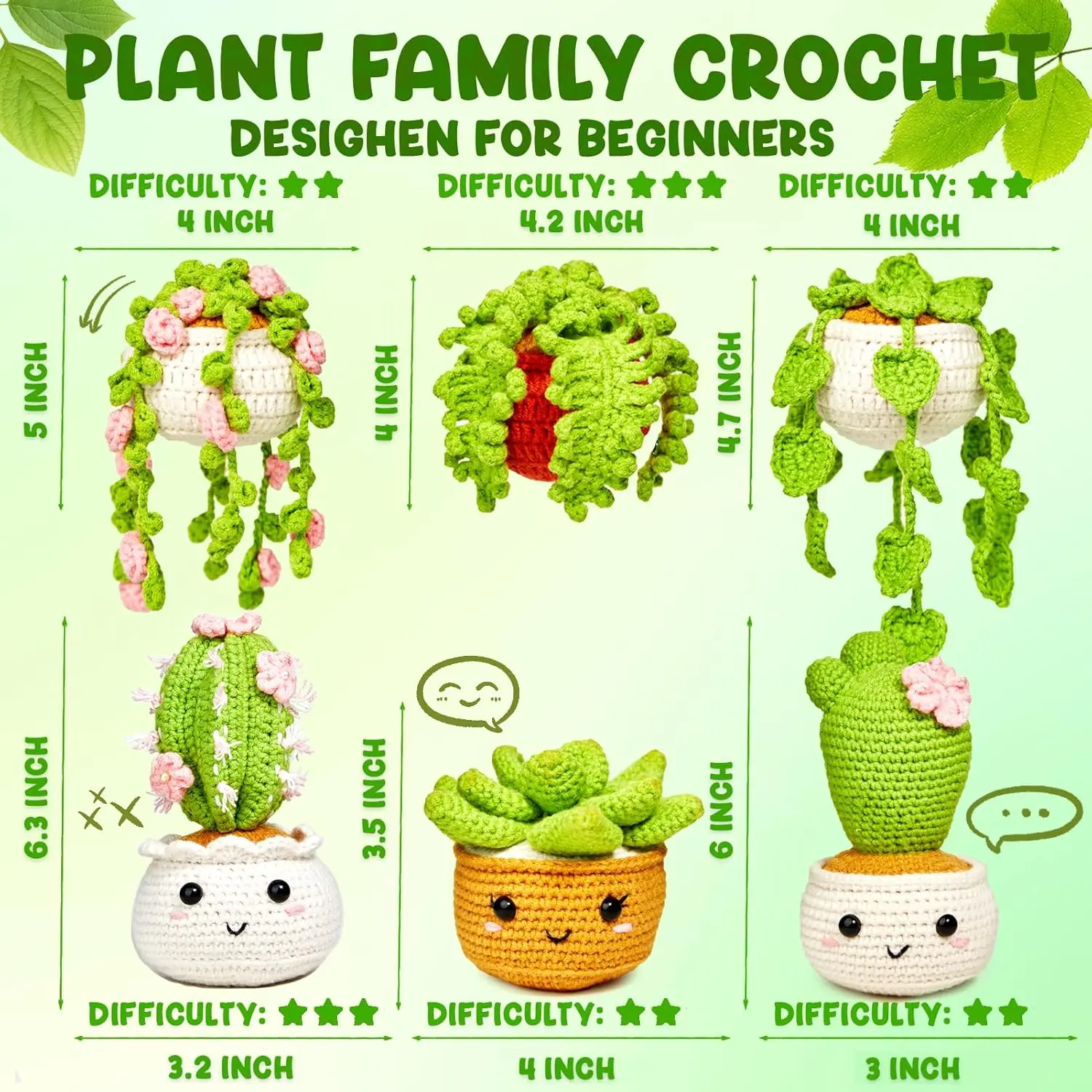 MAGIMUSE Crochet Kit for Beginners, Crochet Starter Kits, Amigurumi Craft Knitting Crocheting Kits with Step-by-Step Video Tutorials, 6 Pack Hanging Potted Plants Family(40%+ Yarn)