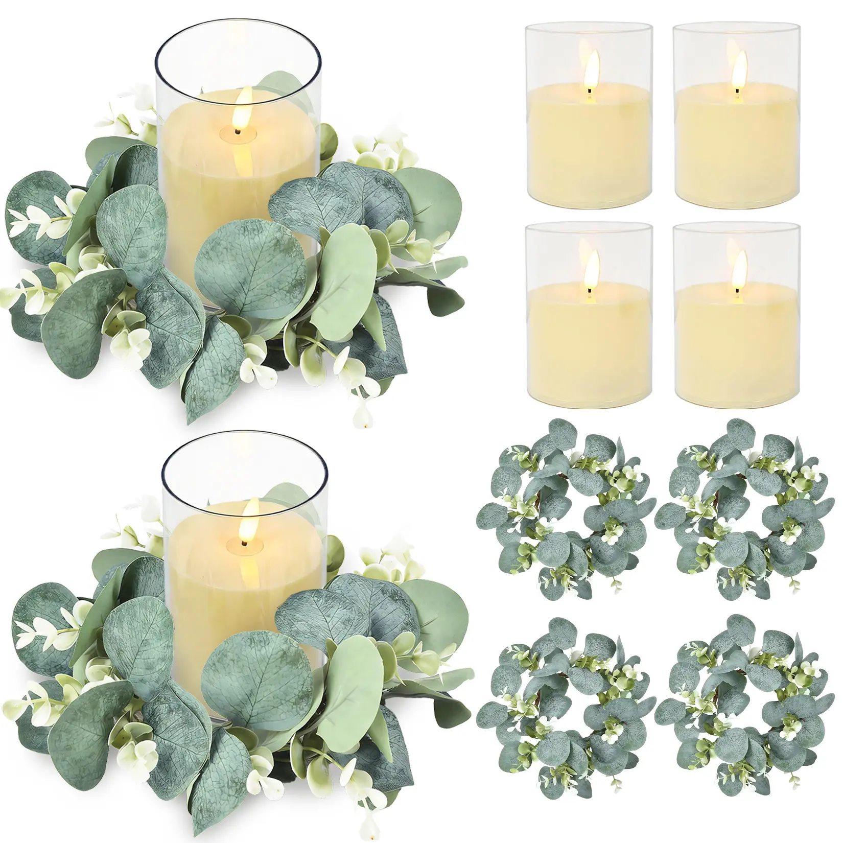 Set of 6 Eucalyptus Candle Rings - 4 Inch Artificial Wreaths for Pillar Candles, Wedding Centerpieces & Farmhouse Decor