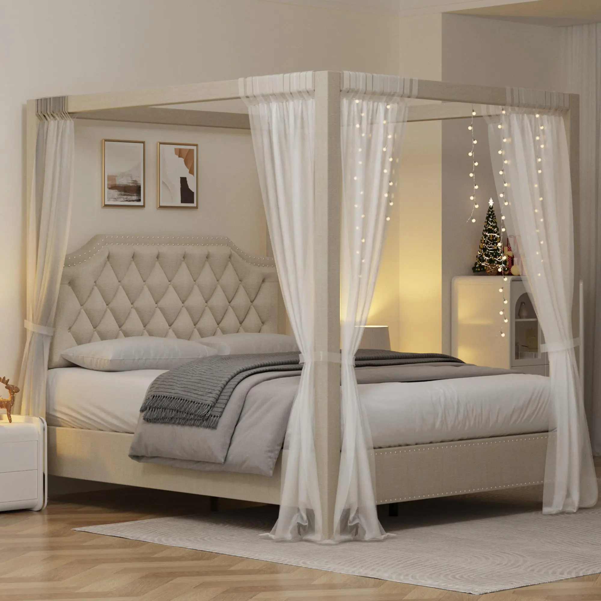 Full Size Canopy Bed Frame with Nailhead Decoration Headboard，Upholstered Bed Frame with Poles 4 Corner Bed Bracket,Solid Wood Slats Support, Beige