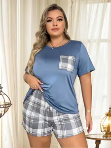 Women's Plus Size Plaid Pocket Sleepwear Pajama Set Pjs, Comfortable Sleeping Suit, Chic Fashion Home Clothes for Daily Wear, Casual Loungewear