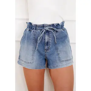 Medium Wash Elastic Waist Pull On Shorts