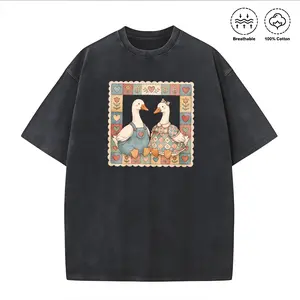 Washed T-shirt Women's Cute Duck Couple Graphic Tee, Patchwork Quilt Casual Shirt, Heart Floral Frame Washed Black Tee, Boho Farm Animal Vintage T-Shirt, Unisex Cottagecore Duck Gift Tee, Retro Couple Duck Graphic Shirt
