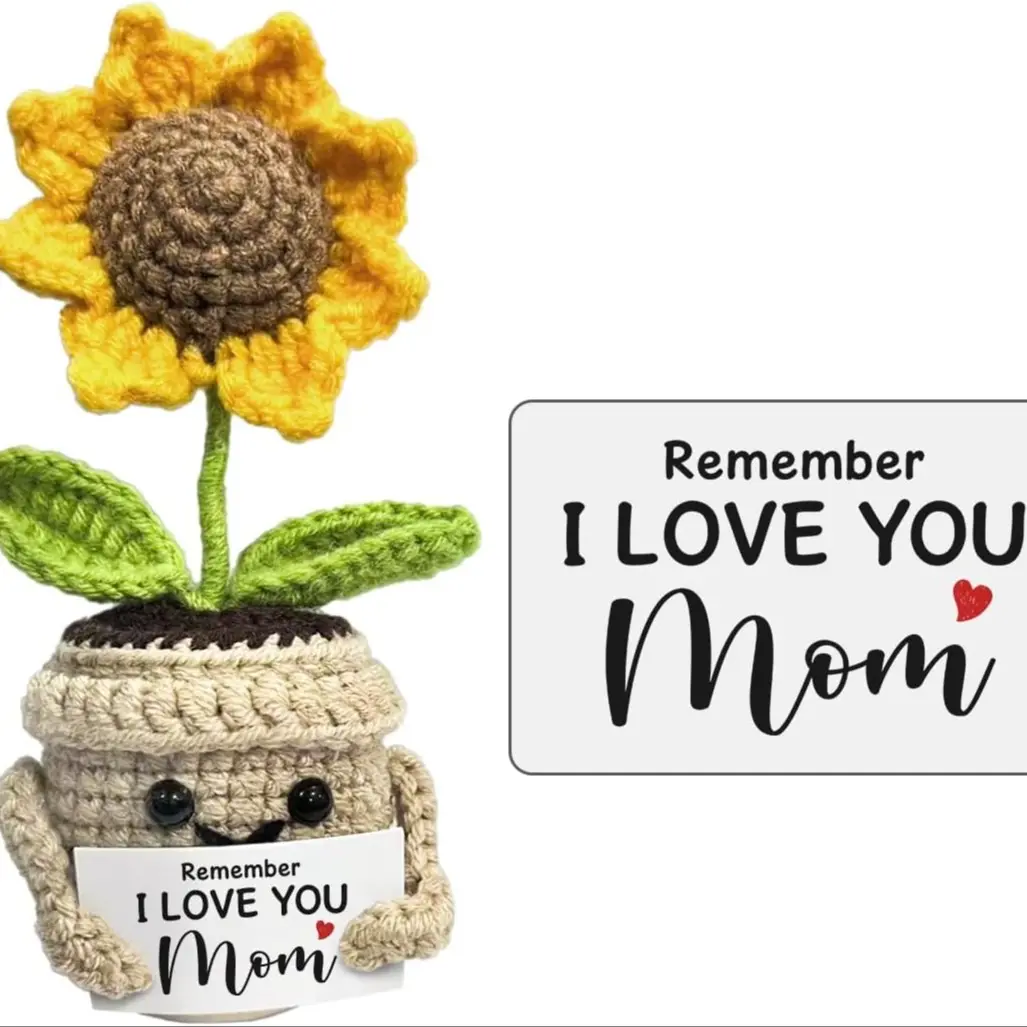 I Love You Mom Mini Birthday Gift, Handmade Crocheted Cute Sunflower Gift, Perfect for Mother's Day From Daughter or Son, Handmade Crochet Figure, Crochet Sunflower Doll
