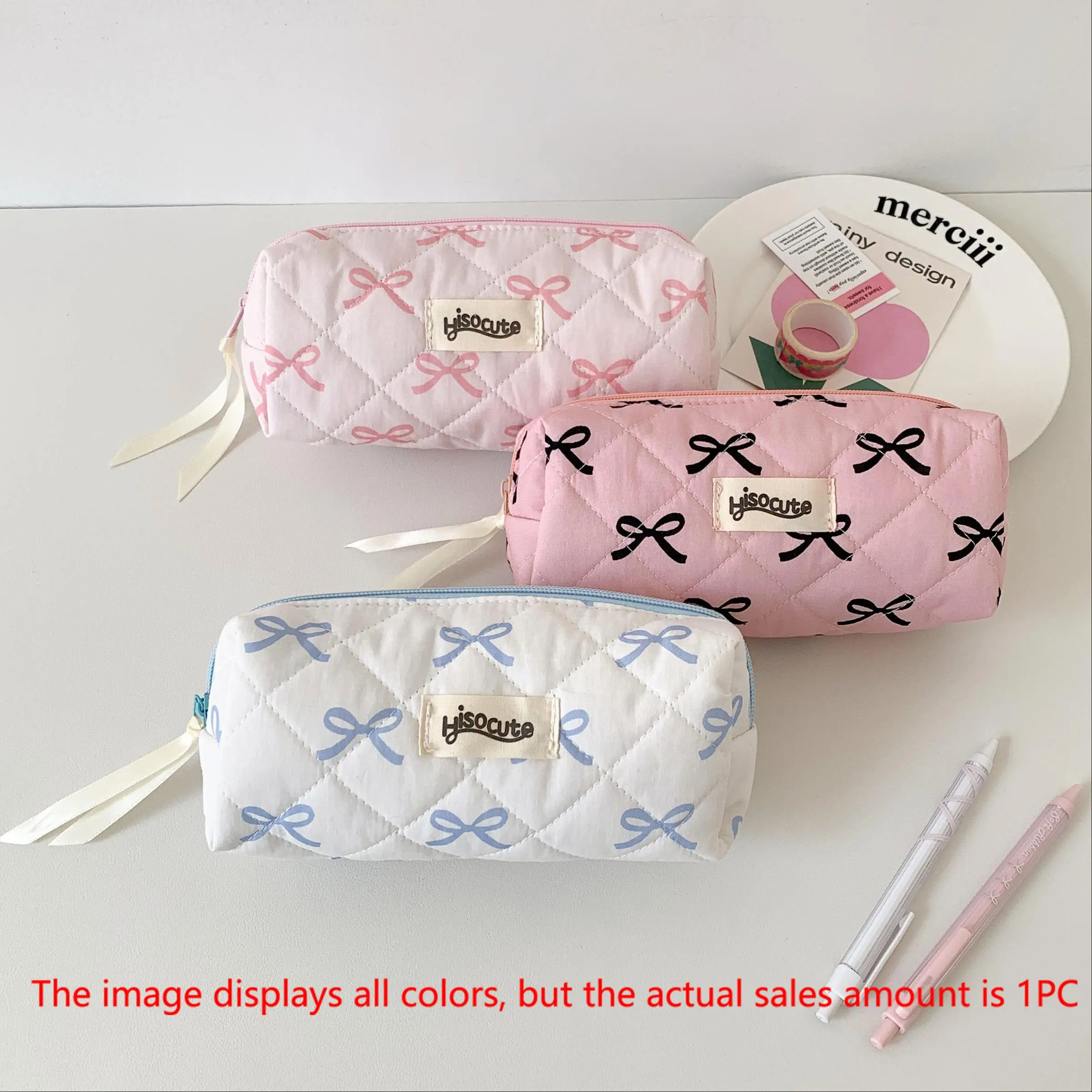 Quilted Pencil Bag, 1 Count Bow Print Zipper Creative Stationery Organizer, Desk Organizer for Home Office School, Office Desk Accessories, Office Supplies