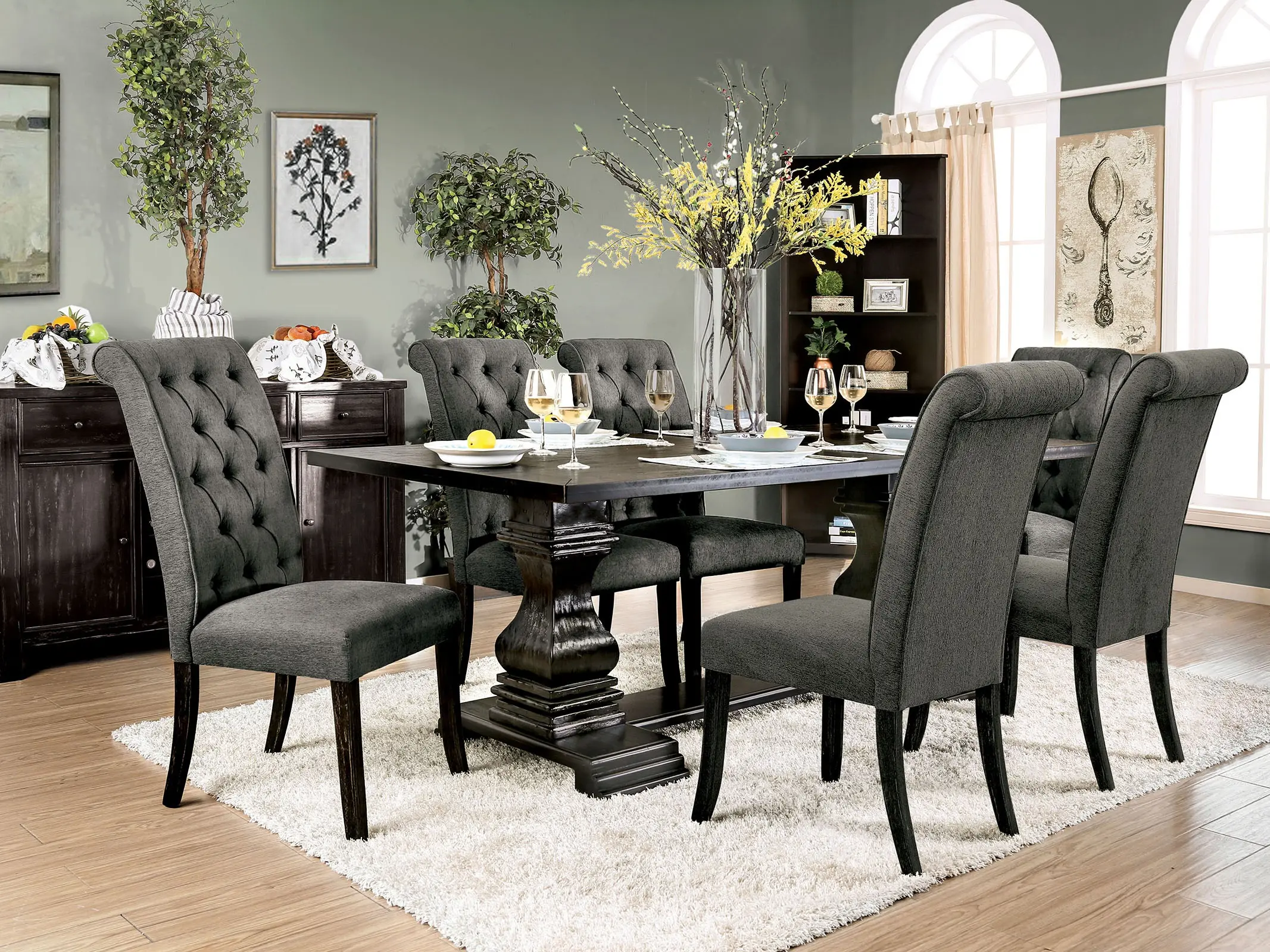 Nerissa Elegant 7-Piece Dining Set with Gray Upholstered Chairs & Solid Wood Table – Modern Chic for Trendy Interiors Nerissa Elegant 7-Piece Dining Set with Gray Upholstered Chairs & Solid Wood Table – Modern Chic for Trendy Interiors