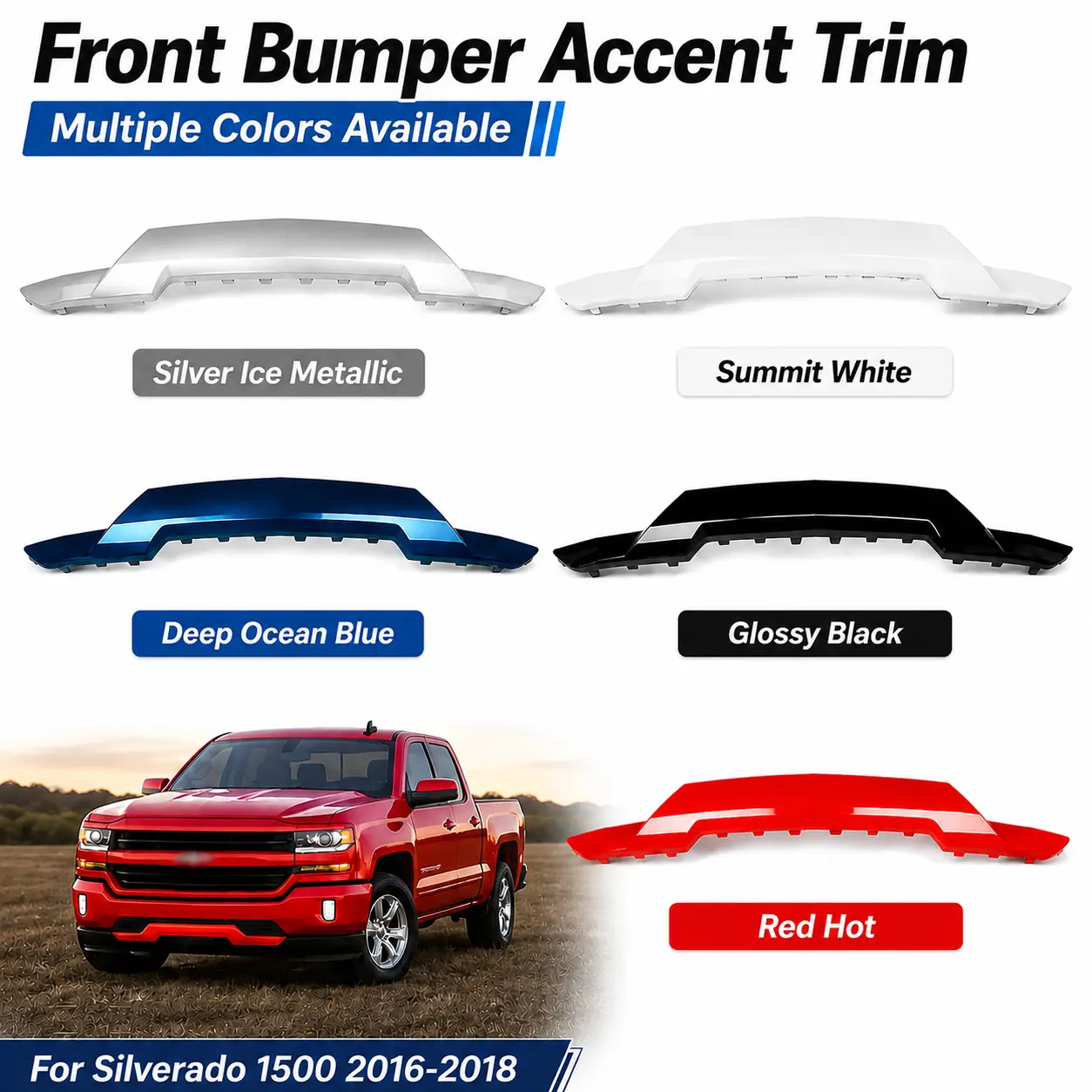 Painted Front Bumper Lower Skid Plate Trim - 100% Brand New GM Body Kit Truck Accessory, ABS Plastic Durable Replacement for Chevrolet Silverado 1500 2016-2018 (Gloss Black, Summit White, Silver Ice Metallic, Red Hot, Deep Ocean Blue, 1 Piece)
