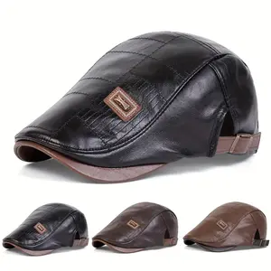 Adjustable Retro Classic Gentlemen Forward Hat, PU Leather Casual Beret for Autumn and Winter Travel