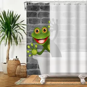 Cute Funny Frog Shower Curtain, Big Eye Cartoon Animal Grey Brick Wall Modern Children Aesthetic Waterproof Decor