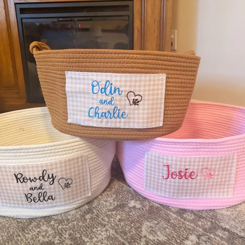 Personalized Cotton Rope Pet Toy Basket – Embroidered Name Storage Container
