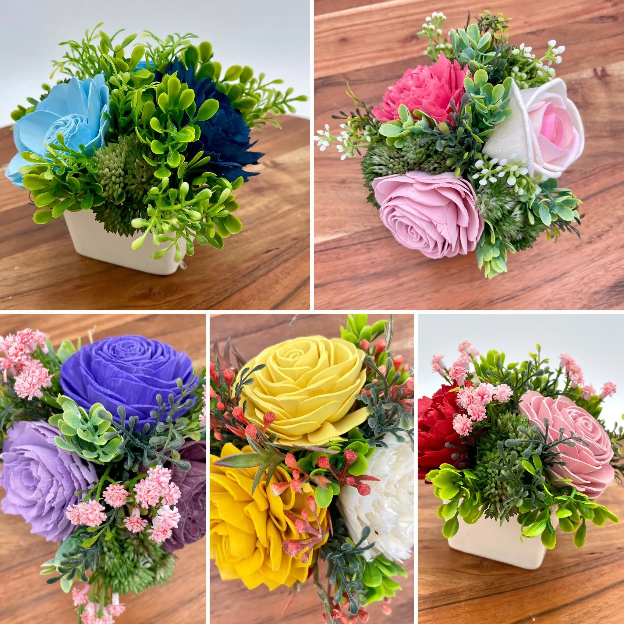 Small White Square Pot with mini Wood Flower Bouquet