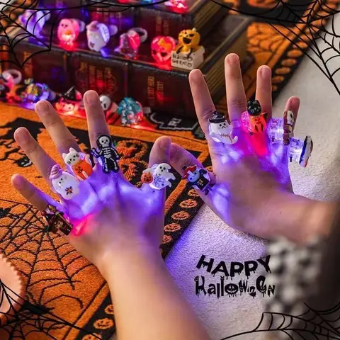 5/10/20/50pcs  LED Halloween Christmas Rings, Cute Animal Flower Fruit Pumpkin Ghost Skull Santa Party Ring Gift, Holiday Decorations, Plastic