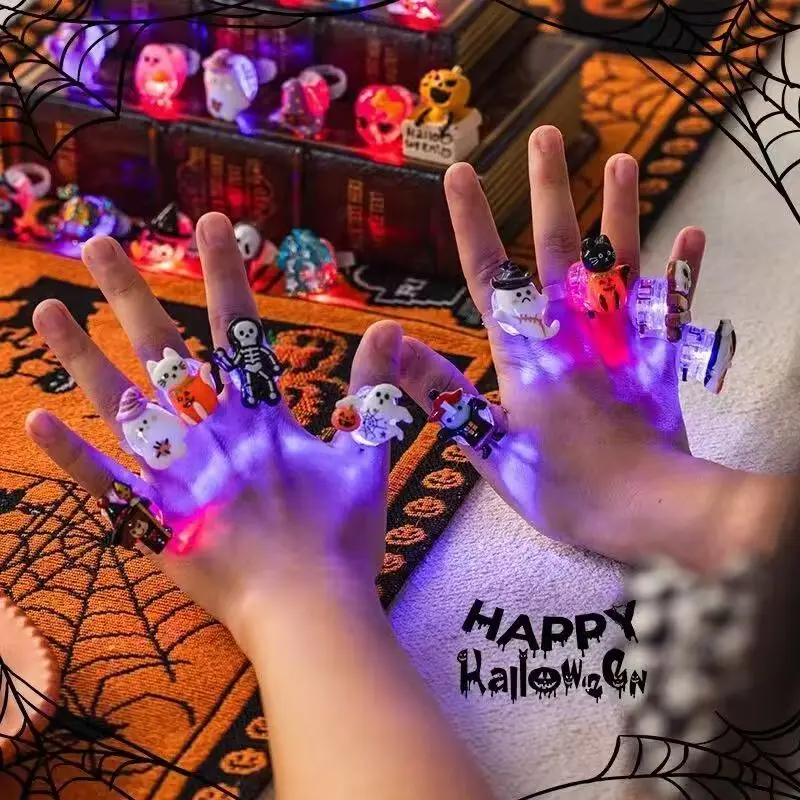 5/10/20/50pcs LED Halloween Christmas Rings, Cute Animal Flower Fruit Pumpkin Ghost Skull Santa Party Ring Gift, Holiday Decorations, Plastic