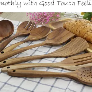 7-Piece Non-Stick Wooden Kitchen Utensils Gadgets Set Including Spatula, Spoon, Salad Fork, Perfect Cooking Tools for Home and Travel