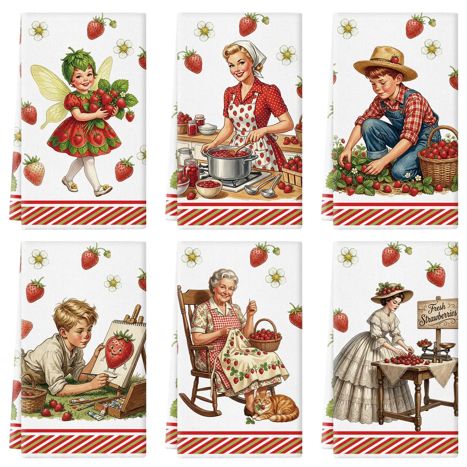 Summer Kitchen Towels 16x24 Inch Strawberry Vintage Kitchen Dish Towels Hand Towels Seasonal Holiday Anniversary Indoor Bathroom Decoration Set
