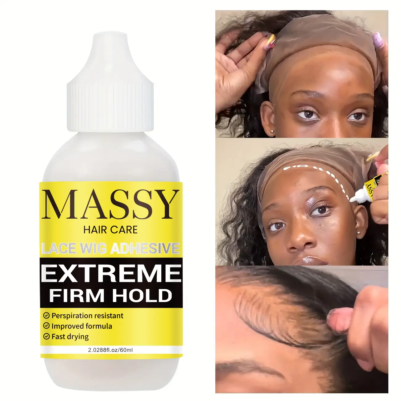 MASSY Waterproof Lace Wig Adhesive - Extreme Firm Hold, Quick-Dry, No Residue, 2.29fl.oz, Invisible Bonding for Secure & Natural Look, Unisex for All Hair Types, Hairpiece Adhesive | Easy Application | Light Beige Formula