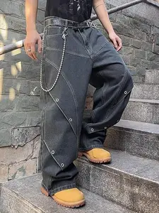 UP.THE Men's Loose-Fitting Baggy Jeans - Menswear Plain Pants, Y2K Denim with Patchwork Design, Button Closure, Chunky Casual Style, Modal Fabric - All Seasons Streetwear for Skate Culture