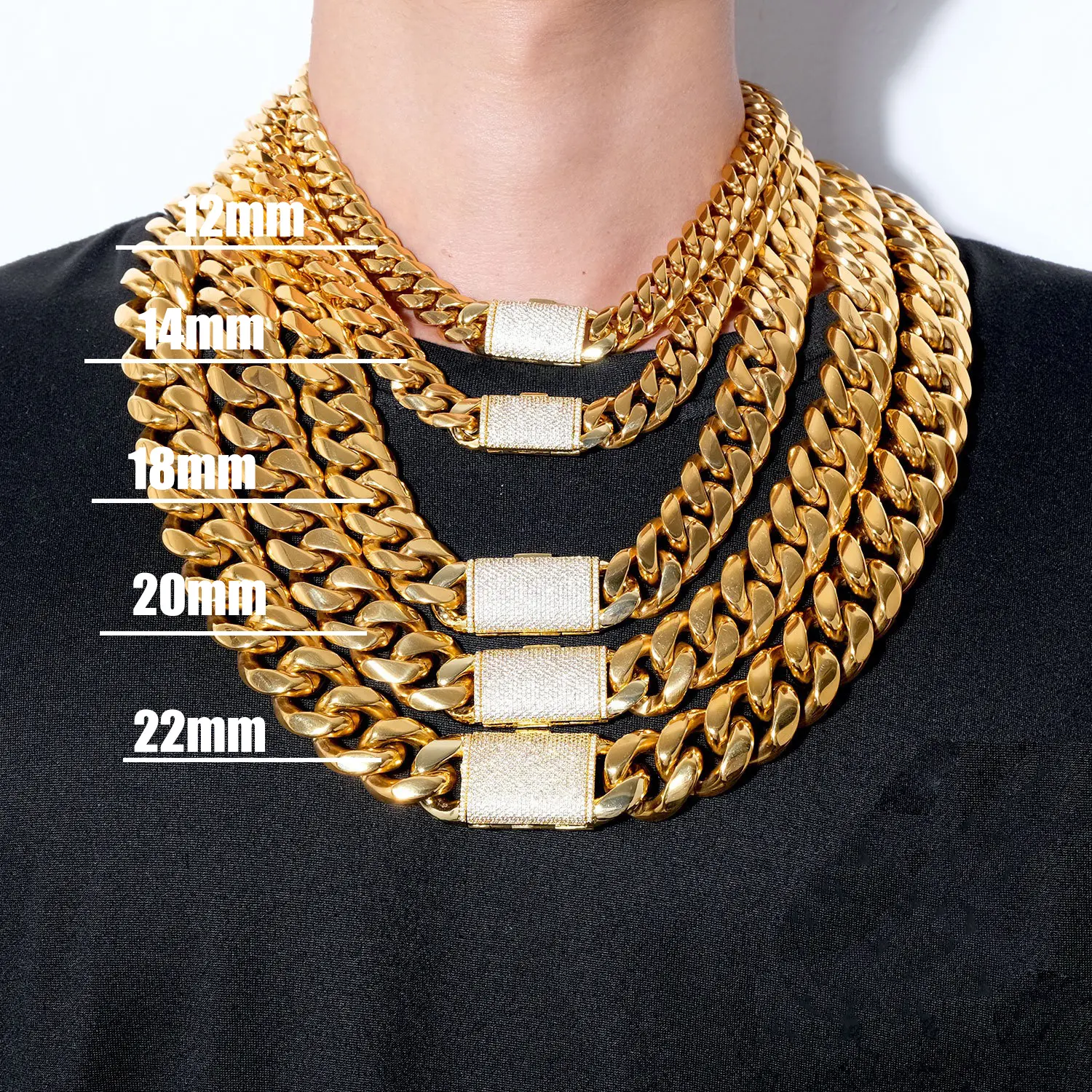 10/12/14/18/20/22mm Golden Heavy Solid Cuban Link Chain Necklace Stainless Steel Miami Women Mens Hip Hop Jewelry Gift