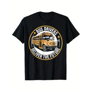 Bus Driver Deliver The Future Graphic T-Shirt - 100% Cotton Unisex Casual Tee with School Bus & Stars Design, All-Season Comfort, Sizes S-XXXL for Outdoor & Casual Attire, Bus Driver Gifts