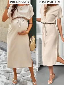 MaterniRIO Beige Round Neck Tie Waist Casual Short-Sleeved Maternity Dress; Beige Maternity Dress; Casual Maternity Dress; Maternity Wear; Summer Casual Wear.