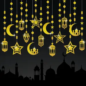 16pcs Ramadan Decorations Gold Star Moon Lantern Garland Pre-Assembled Shining Hanging Ramadan Mubarak Eid Decorations Banner Streamer for Eid Mubarak Decor Party Supplies