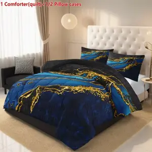 Marble Blue Comfort Quilt Set, Modern Bedding Set, Modern Design, Soft and Cozy, Suitable for Room and Bedroom Decor, All Seasons Use